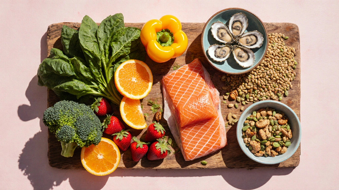 Barevná kompozice potravin bohatých na vitamíny: citrusy, zelenina, ořechy, ryby a listová zelenina.