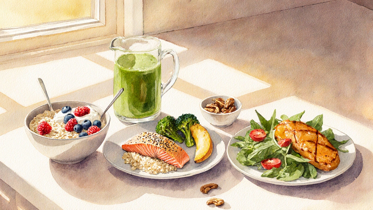 Denní jídelníček: ovesná kaše, smoothie, grilovaný losos s quinoa, ořechy a krůtí prsa s rukolou.