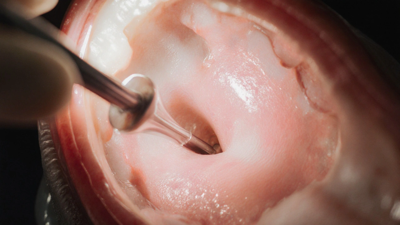 Detail vyšetřovacího zrcátka s zdravou sliznicí.