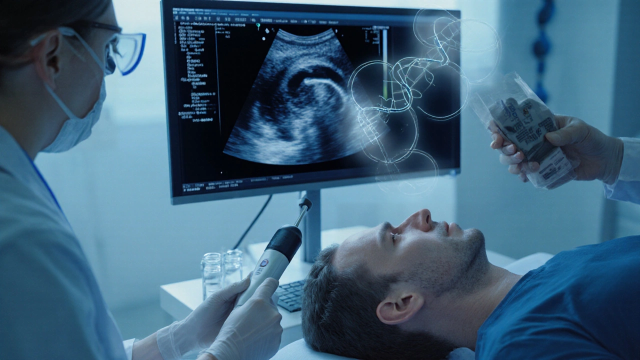 Diagnostika mužské neplodnosti: ultrazvuk, laboratorní vzorky a DNA grafika.