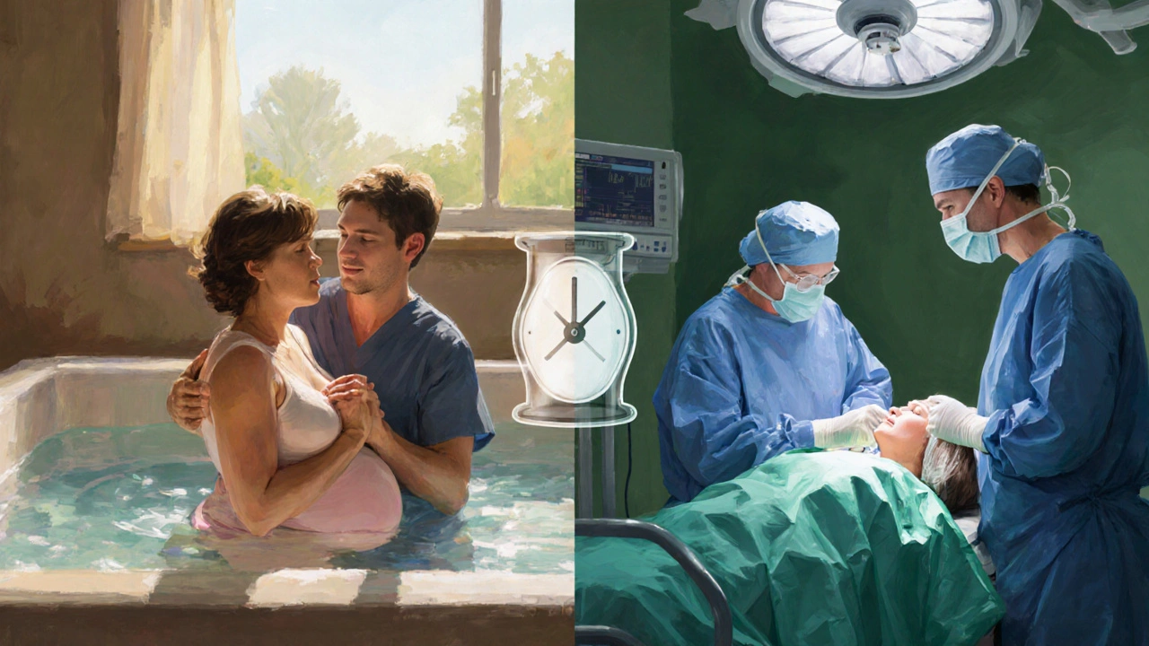 Dva obrazy – přirozený porod v bazénu a císařský řez v operačním sále.