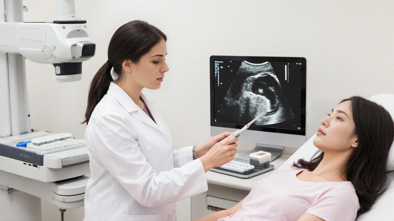 Gynekologické vyšetření: lékařka provádí Pap test, ultrazvuk a kontrolu prsou v čistém ordinaci.
