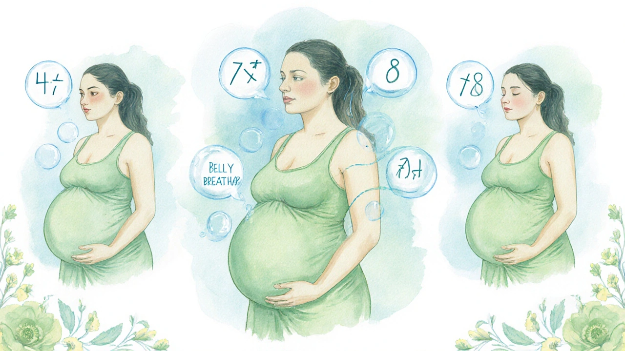 Ilustrace ukazuje tři dechové techniky – 4‑7‑8, břišní dýchání a box breathing, s ženskou postavou v klidu.