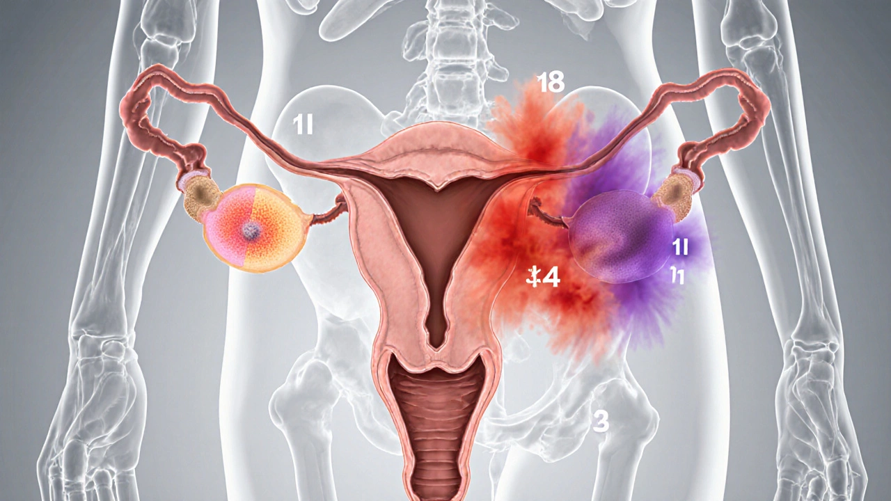 Ilustrace ukazující čtyři stádia rakoviny vaječníků na tělesném siluetě.