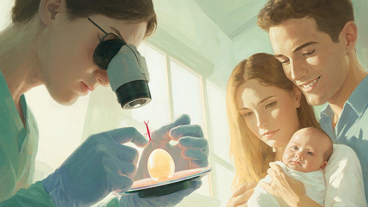 IVF laboratoř s ICSI procedurou a šťastný pár s novorozencem.