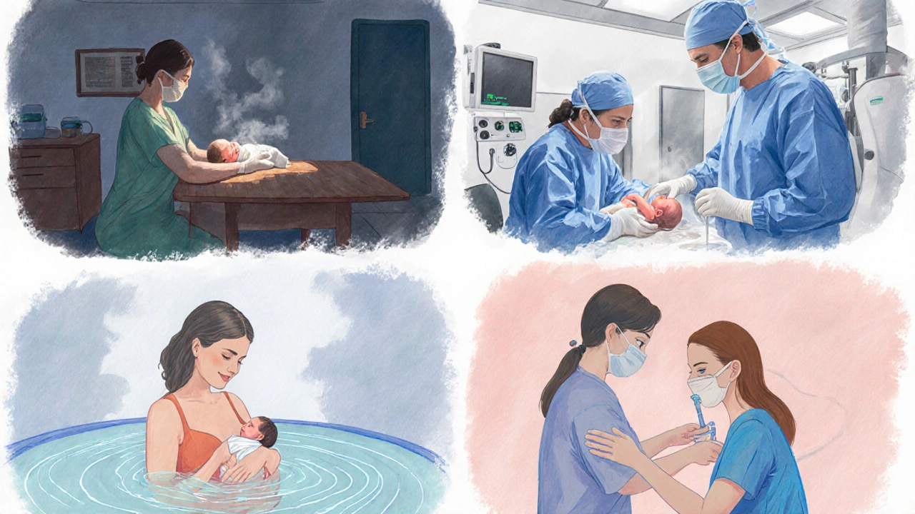 Koláž znázorňující přirozený porod, císařský řez, vodní porod a epidurál.