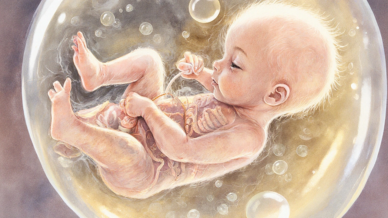 Malý plod na 13. týdnu těhotenství s jemnými chloupky, plně vyvinutými končetinami a chvějícími se orgány ve vodním prostředí.