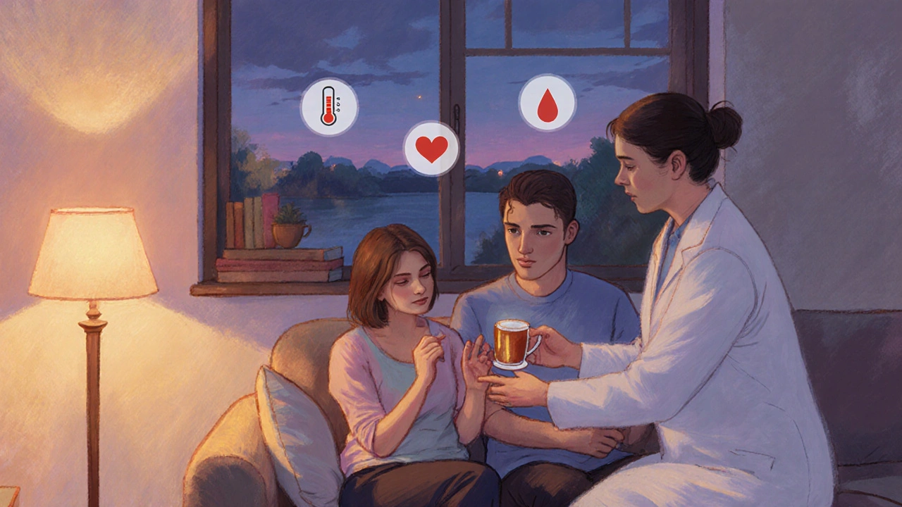 Matka na pohovce s partnerem a lékařem, večerní osvětlení, ikony varování jako horečka a silné krvácení.