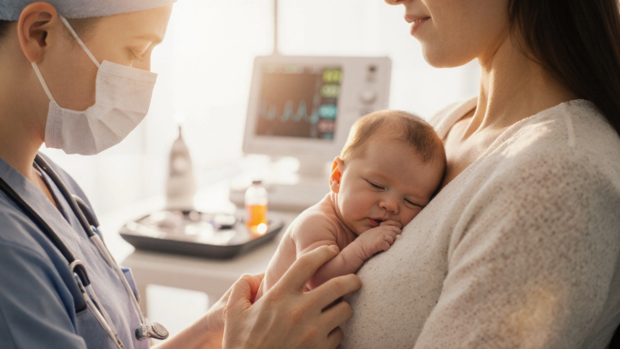 Novorozencí na prsích matky v první hodině po porodu, ruce se dotýkají.