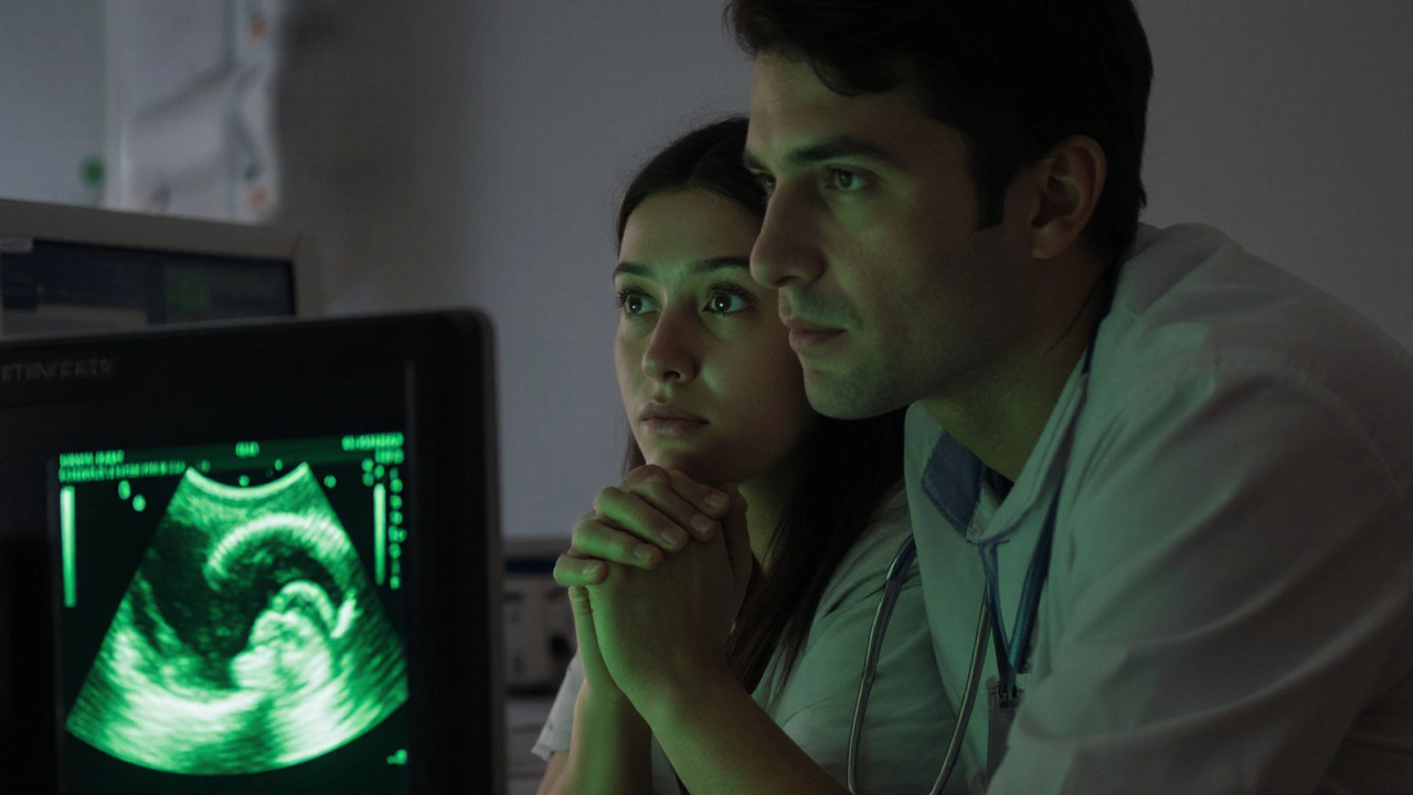 Pár sleduje ultrazvukový obraz plodu v gynekologické klinice v Praze, tváře plné úžasu a lásky.