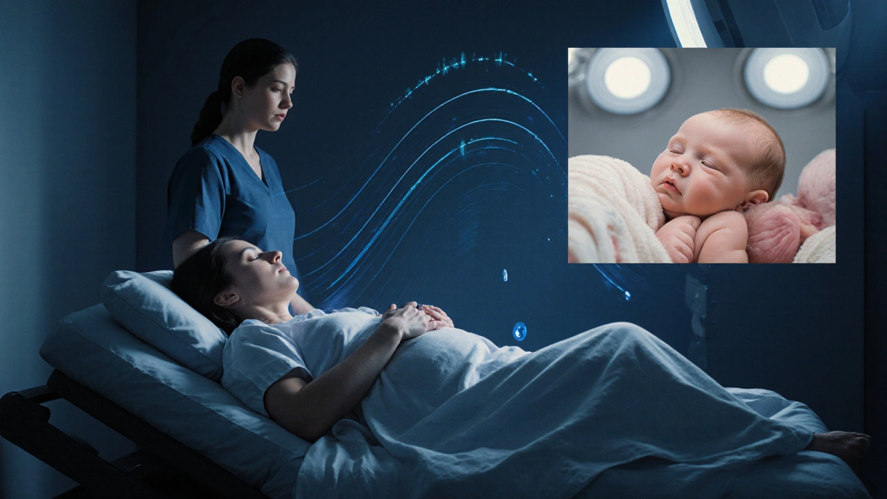 Scéna porodu v porodnici: kontrakce, narození dítěte a oddělení placenty.