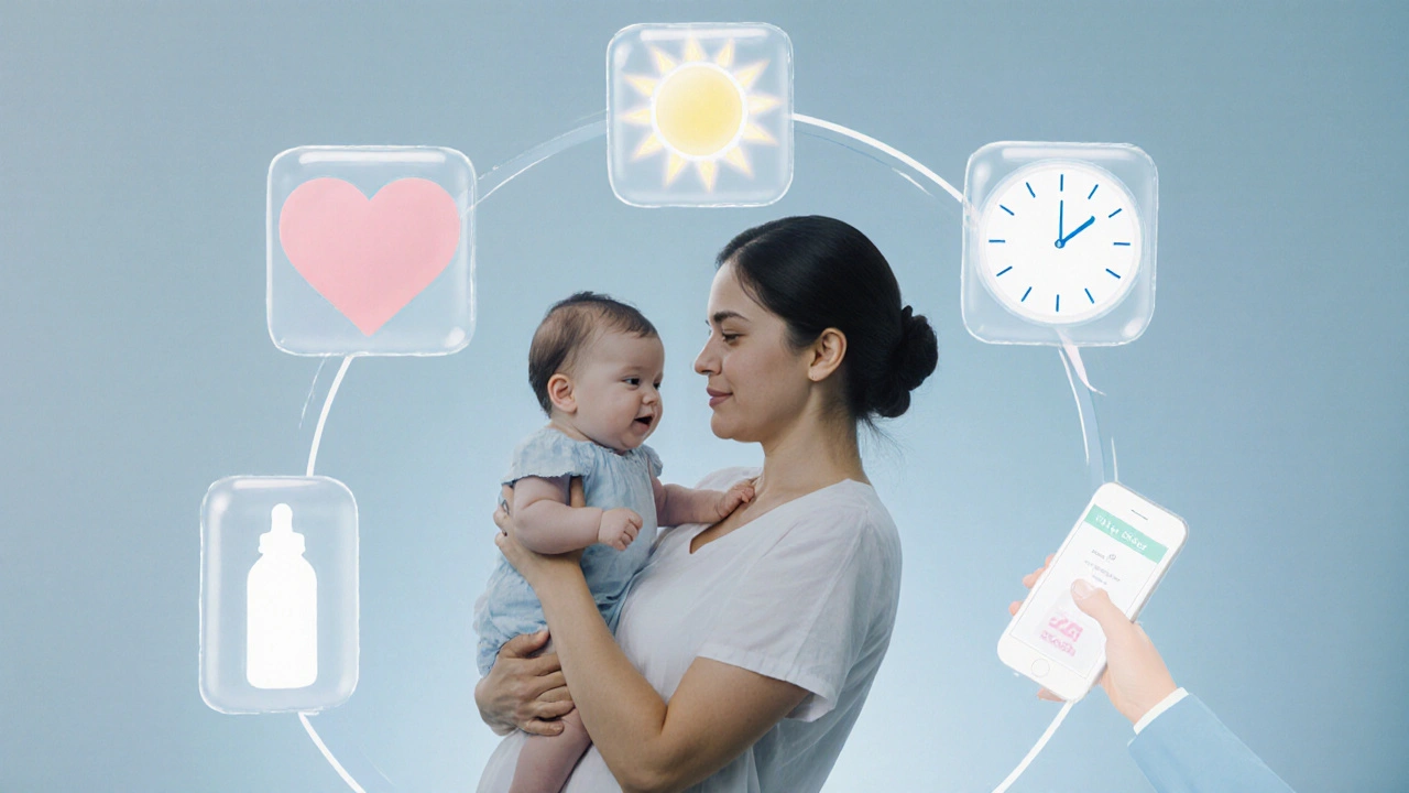 Symboly postpartální péče kolem matky a dítěte v klidném prostředí porodnice.