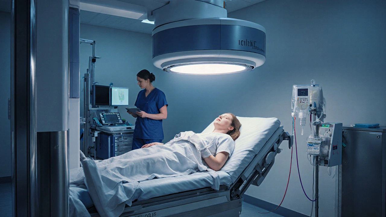Žena během radioterapie a chemoterapie v moderní nemocnici, oči plné odhodlání.