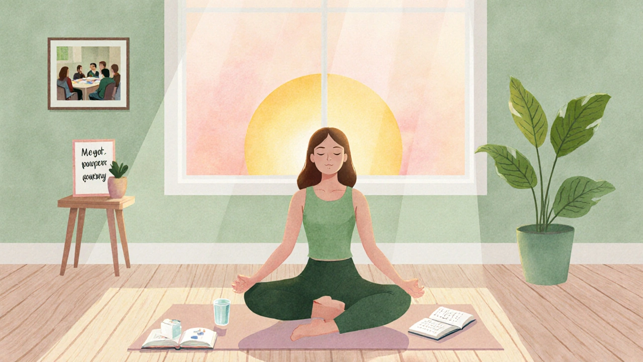 Žena cvičí jógu doma, obklopena podpornými prvky a slunečním světlem.