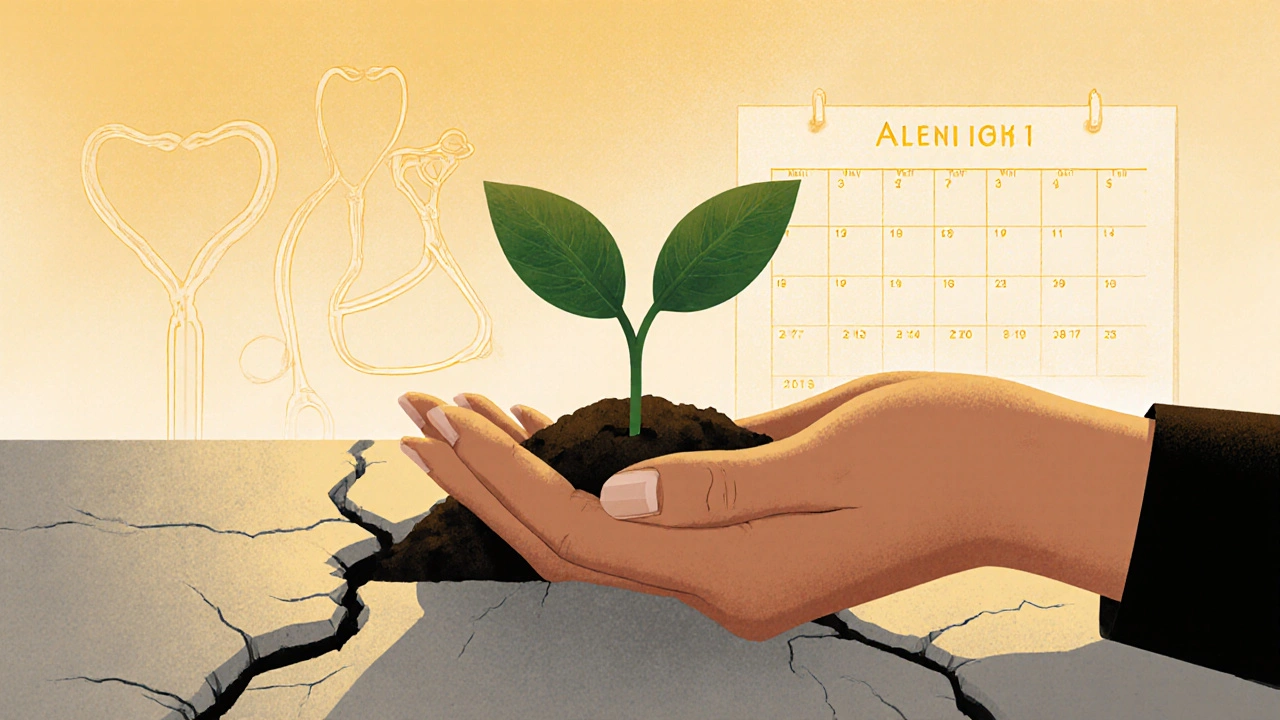 Žena drží rostlinu rostoucí z betonu – symbol péče o sebe.