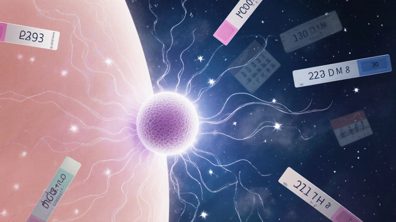 Abstraktní znázornění přichycení embrya k děloze s hormonálními vlnami.