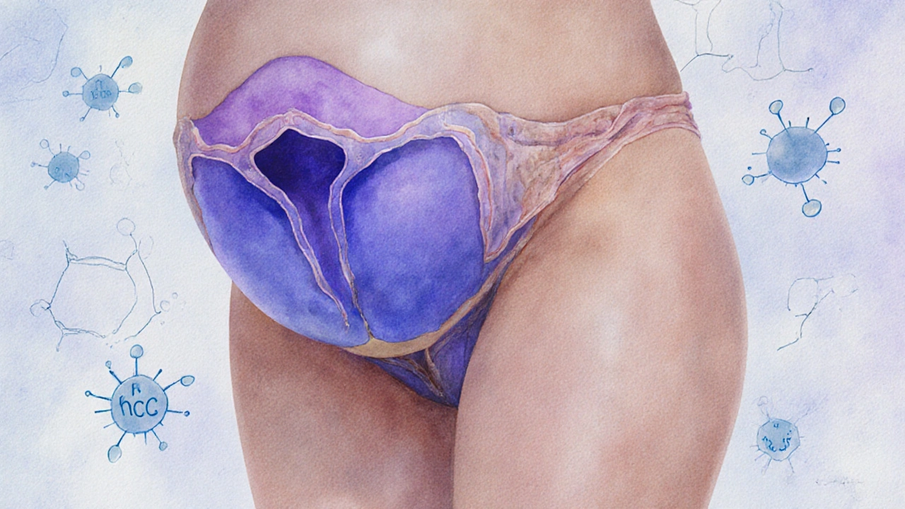 Detail zvětšené dělohy a modrofialové šíje během raného těhotenství s vyznačeným znakem Chadwika.