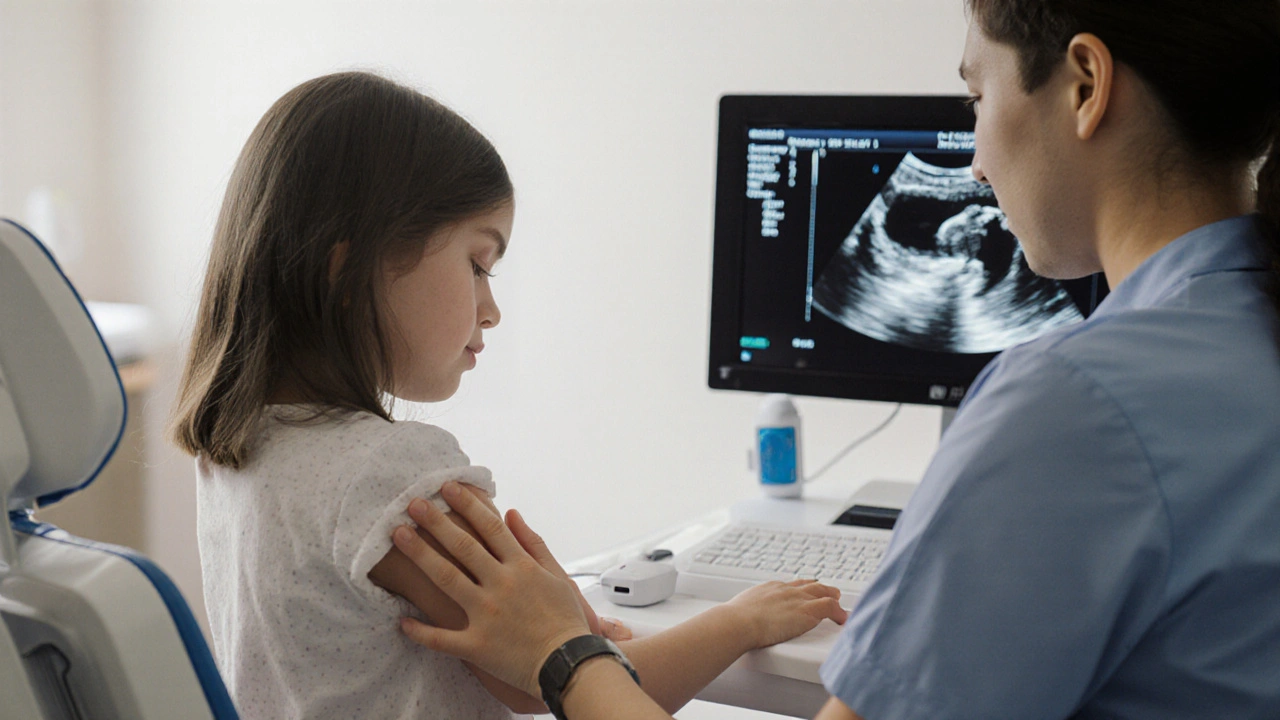 Doctor performing a safe abdominal ultrasound on a teenager&#039;s lower belly.