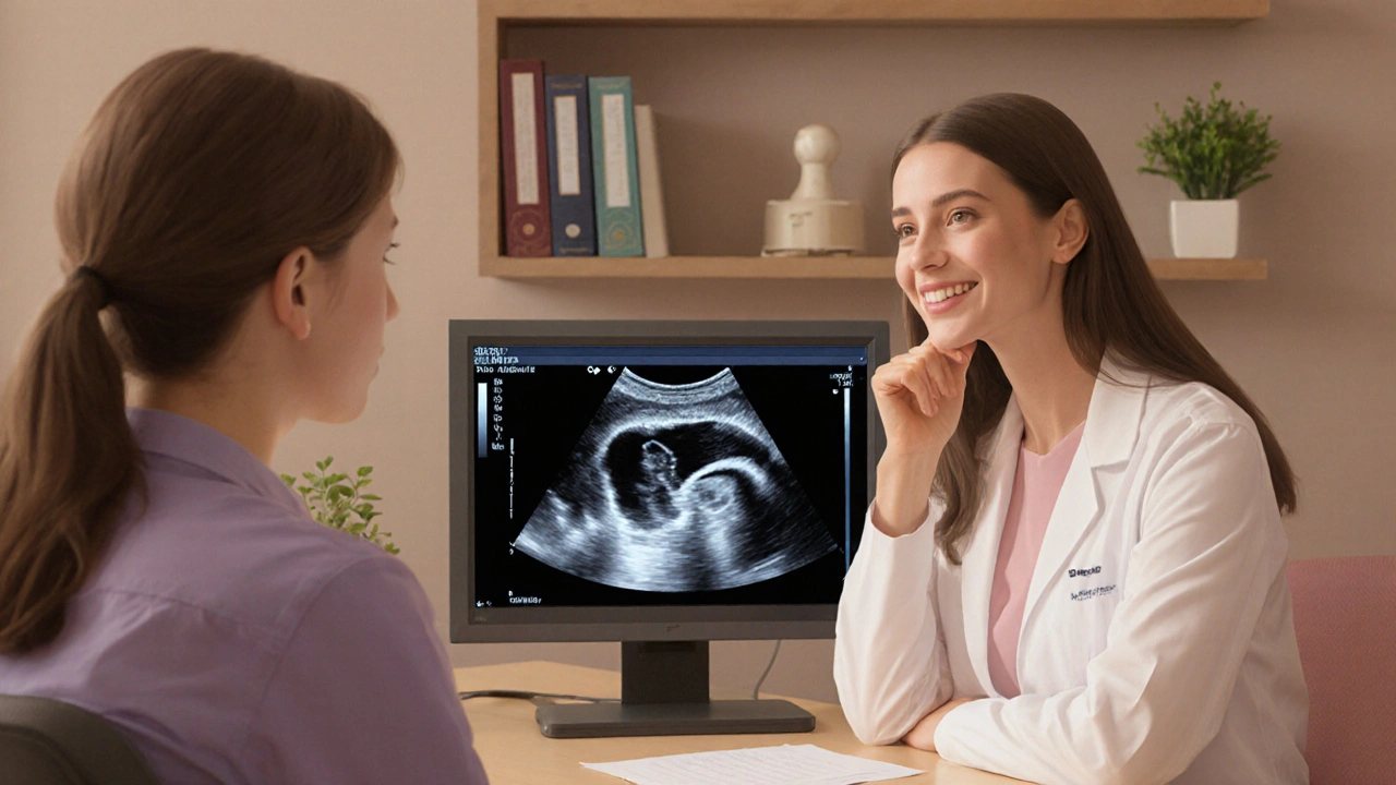 Gynekoložka v Brně vyslouchá pacientku během konzultace s ultrazvukem na pozadí.