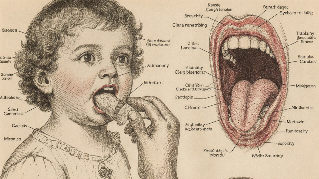 Historický vědecký výkres dítěte s kvasinkami v puse a matky aplikující lék.