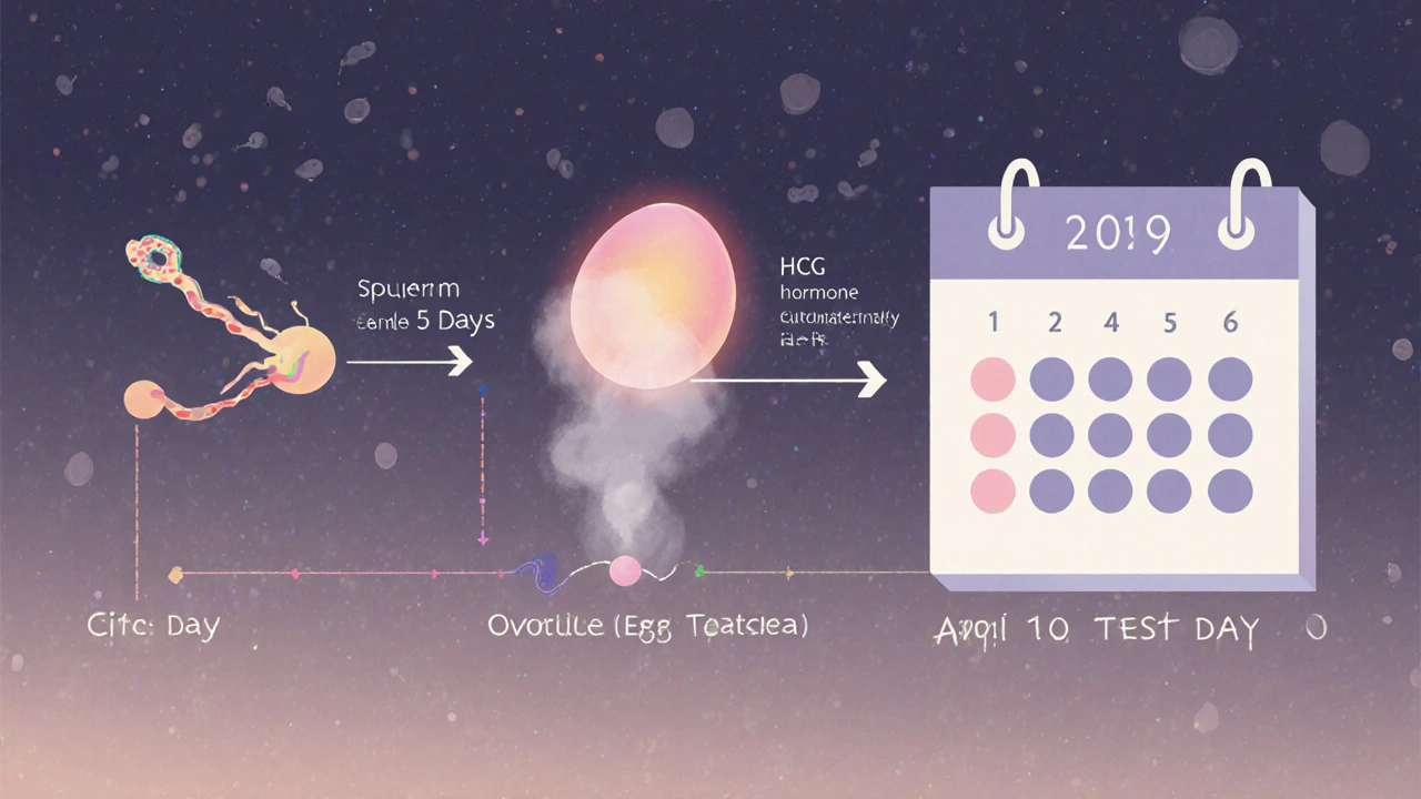 Ilustrace biologického časového řádu s oplodněním a hCG hormonem.