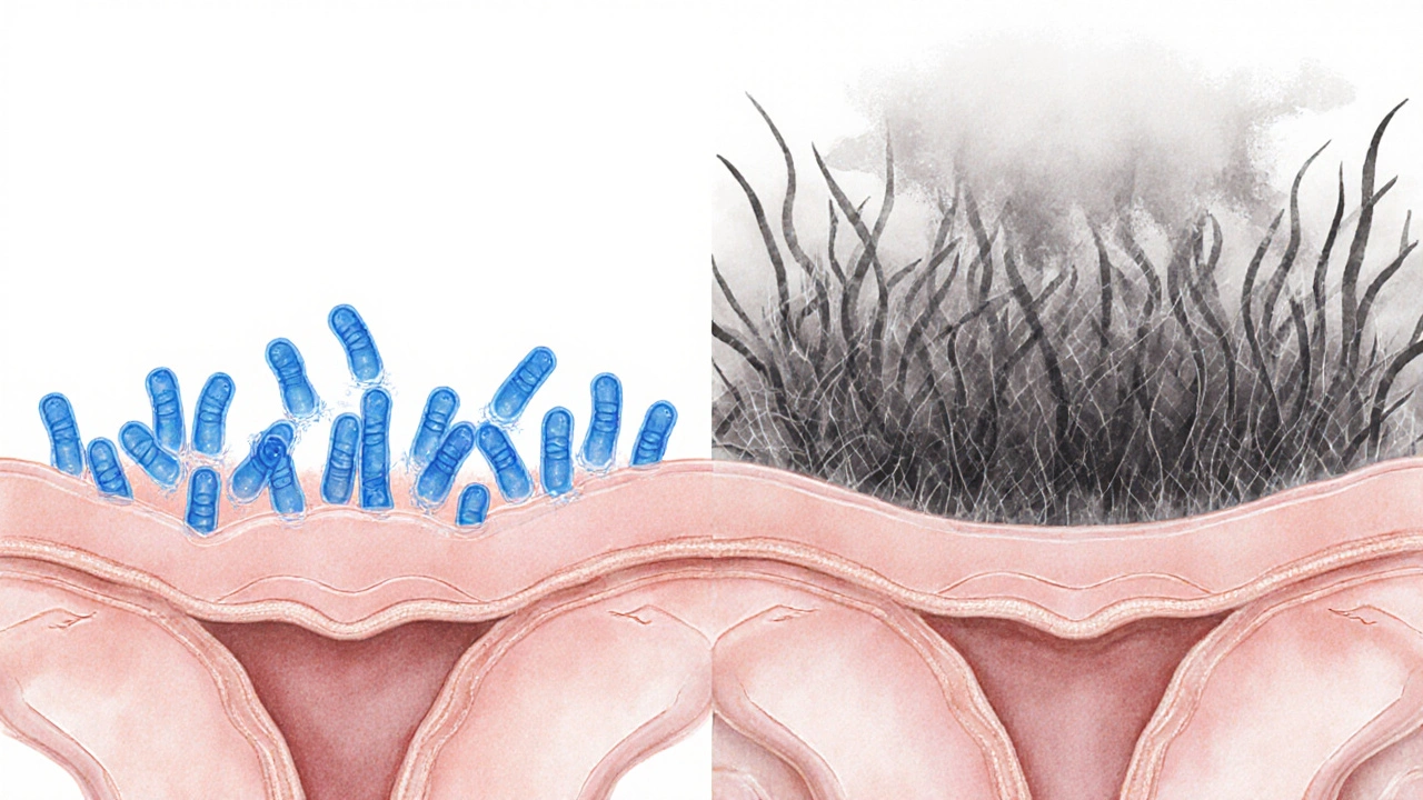 Ilustrace zdravé a narušené mikroflóry pochvy vedle sebe.
