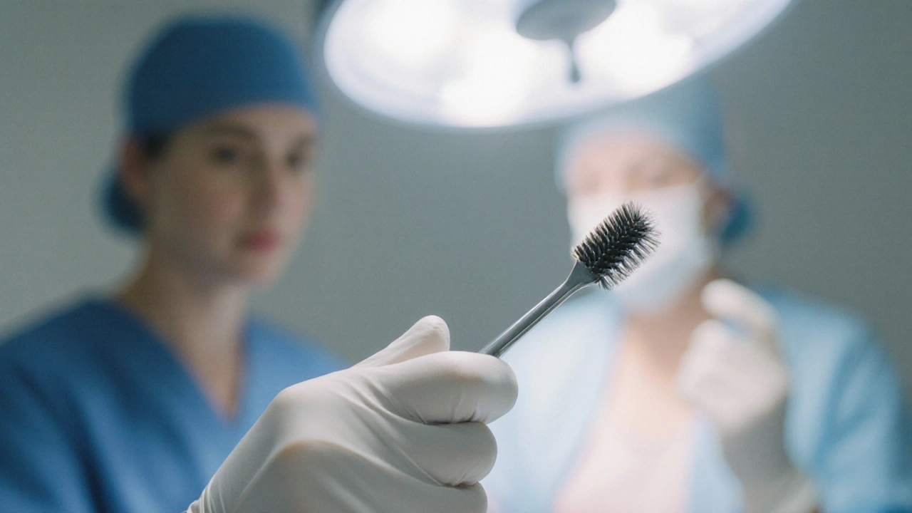 Jemný kartáček odebírá buňky z děložního čípku v klinickém prostředí.