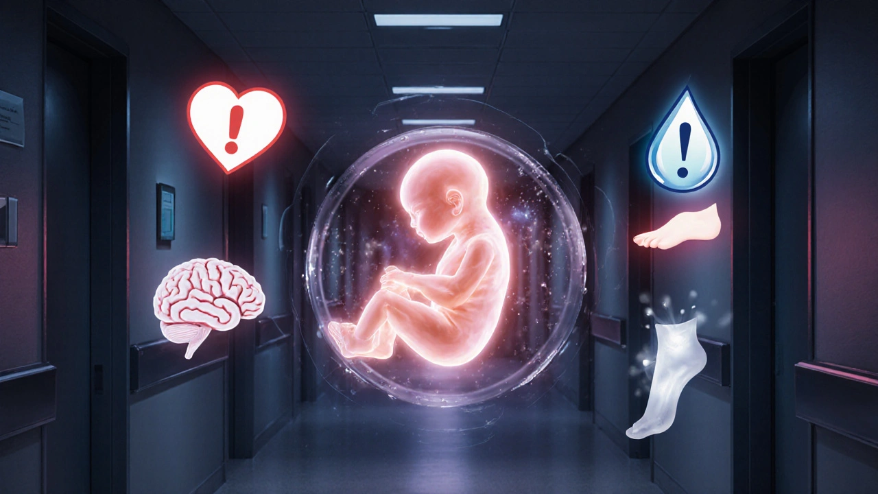 Koncepční obrázek těhotenství s varovnými symboly a dítětem ve vodním prostředí