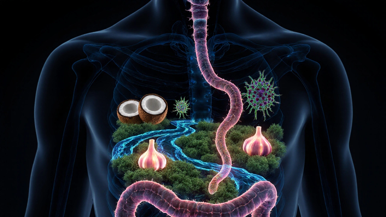 Konceptuální obraz rovnováhy mezi užitečnými bakteriemi a kvasinkami ve vnitřním prostředí těla.