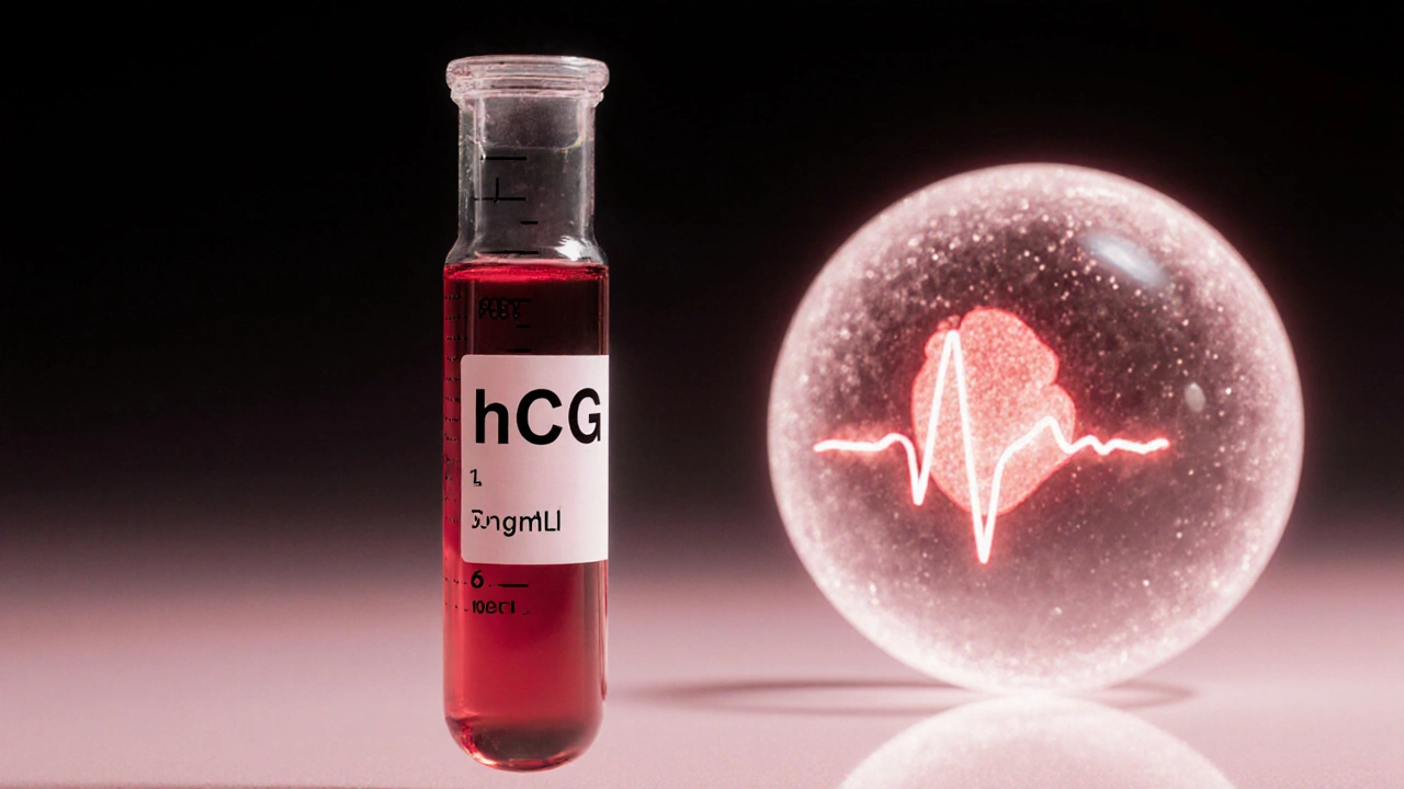 Krevní vzeb s hCG rostoucím z 5 na 25 ng/mL vedle embrya s srdcovým tepem v raném těhotenství.