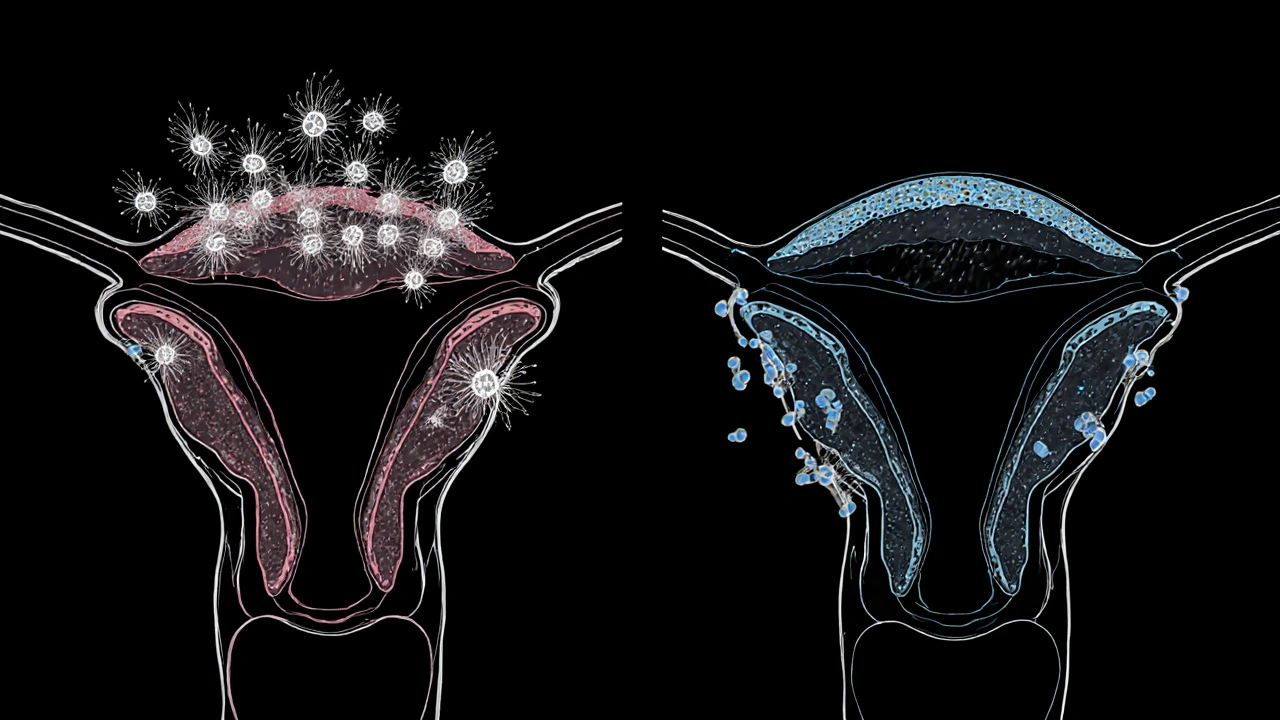Křížový řez pochvy s kvasinkami Candida a bakteriemi Lactobacillus.