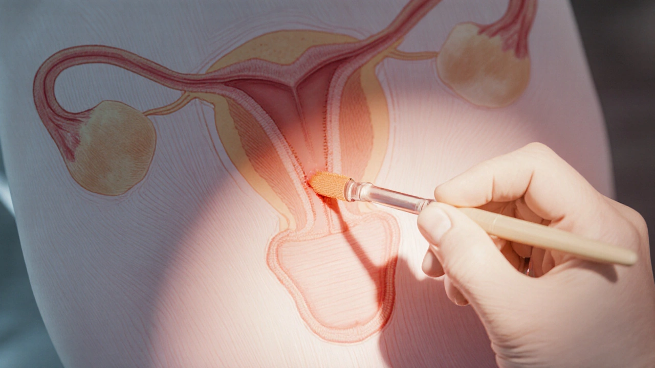 Lékařka jemně odebírá buňky z děložního čípku pomocí malého kartáčku.