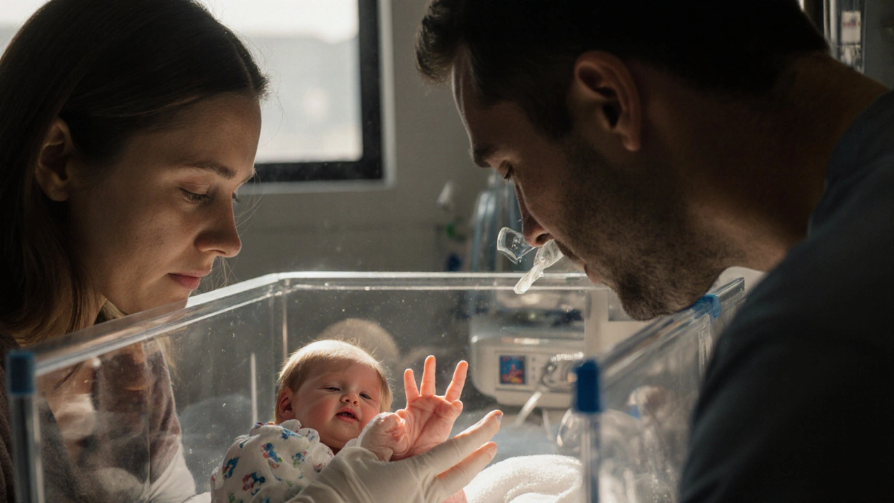 Matka dotýká se ruky svého dítěte v inkubátoru, otec stojí vedle s nadějným výrazem.