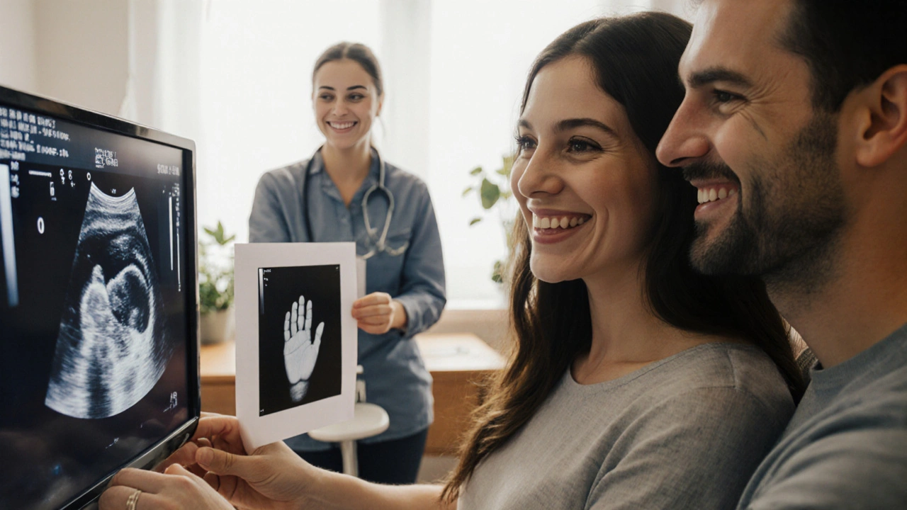 Pár se dívá na ultrazvukový obraz s radostným výrazem, technik jim podává tisk obrázku.