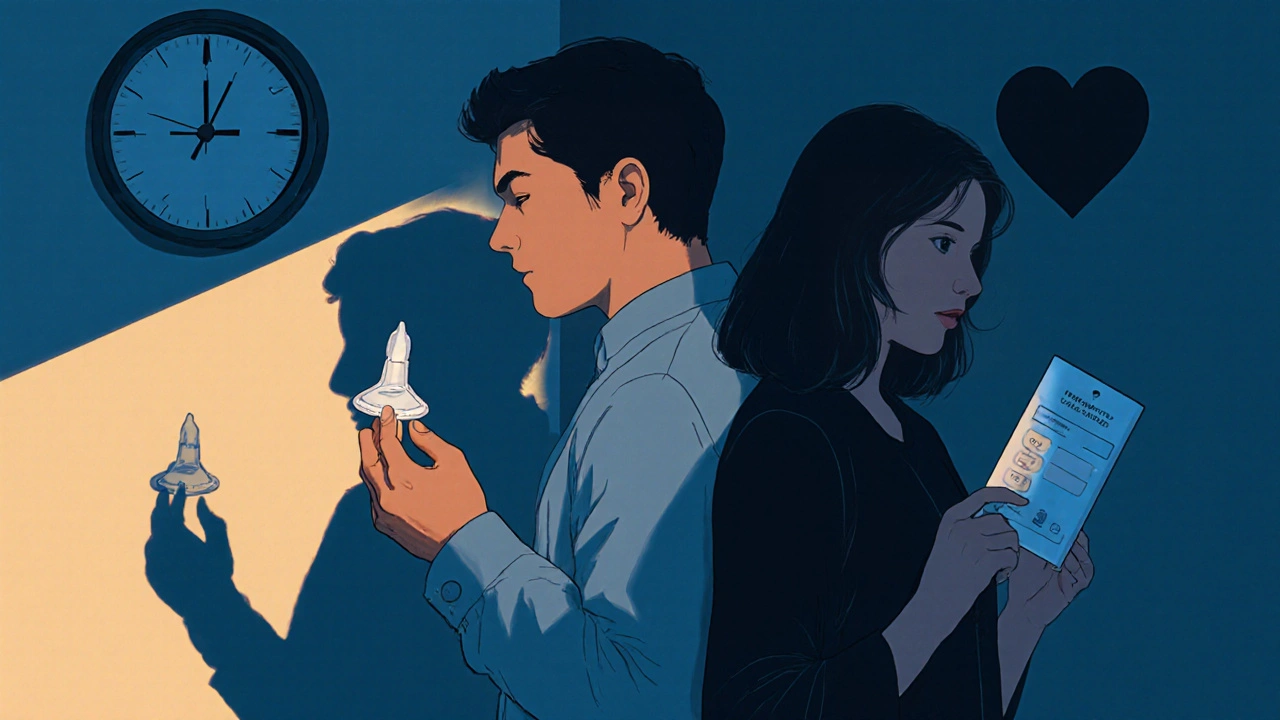 Pár stojí zády k sobě, jeden drží porušený kondom, druhý těhotenský test.