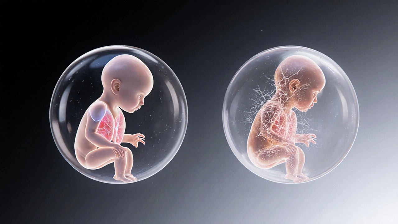 Porovnání vývoje plodu ve 28. a 32. týdnu těhotenství s anatomickými detaily.