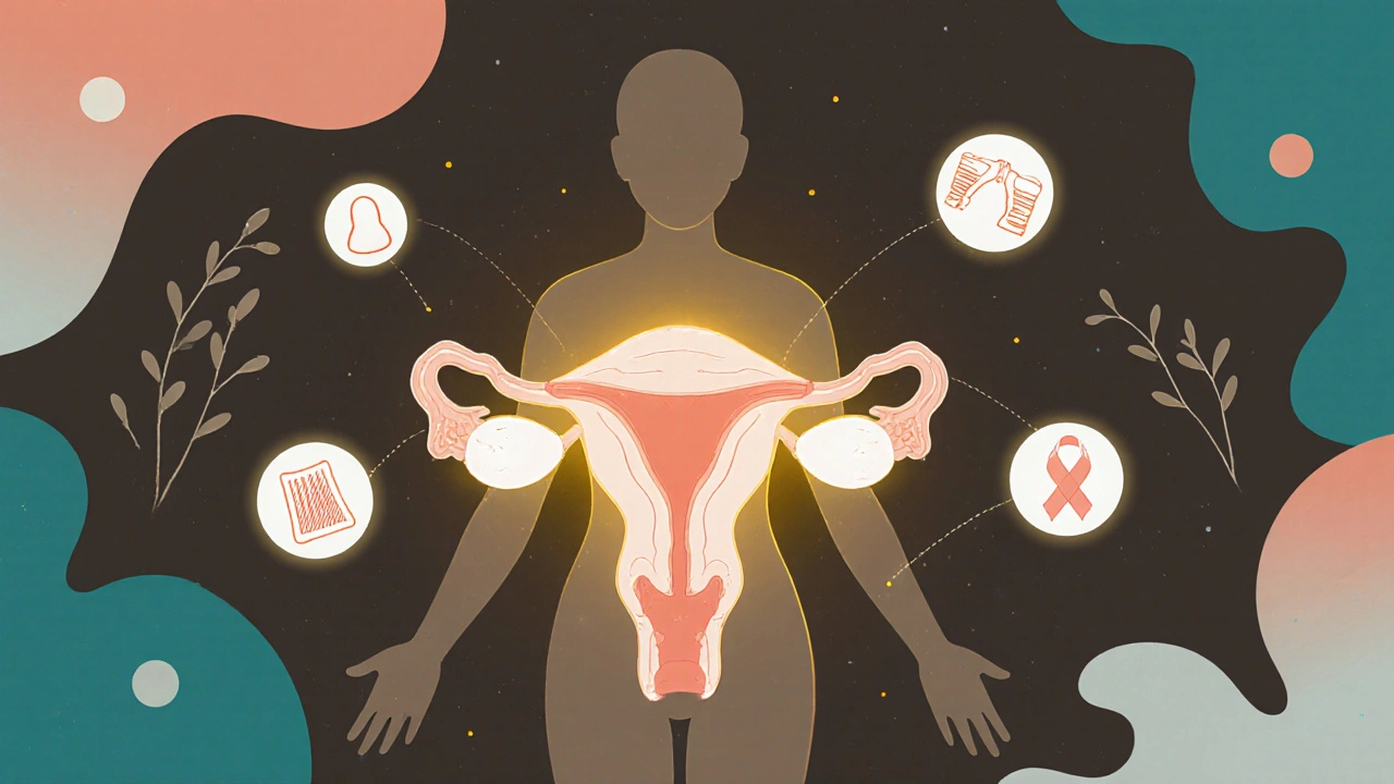 Průhledný ženský tělo s vnitřními orgány osvětlenými zlatým světlem, symbolizující ženské zdraví.