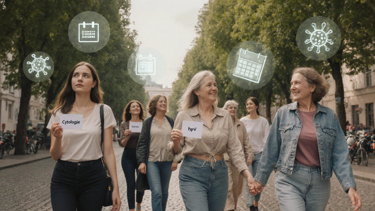 Různé ženy různých věků jdou společně po ulici, symbolizující pravidelnou prevenci.