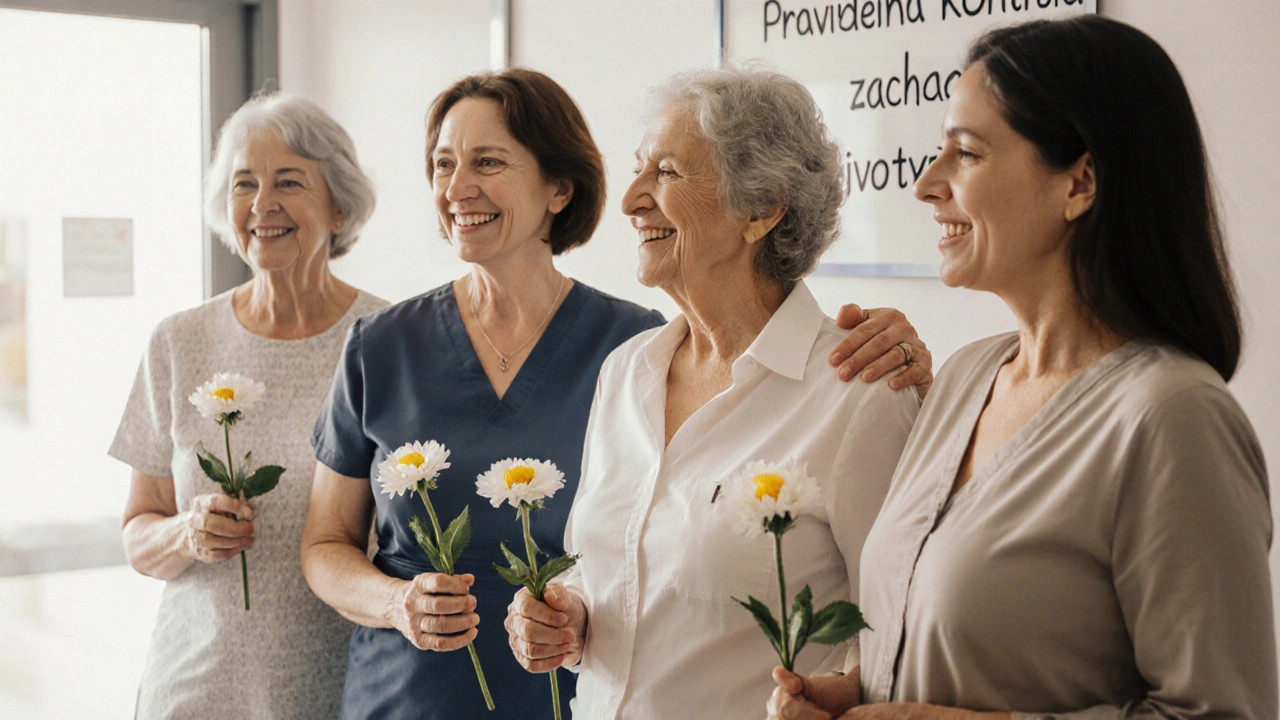 Různé ženy stojí spolu v chodbě kliniky, drží květiny a vypadají klidně a silně.