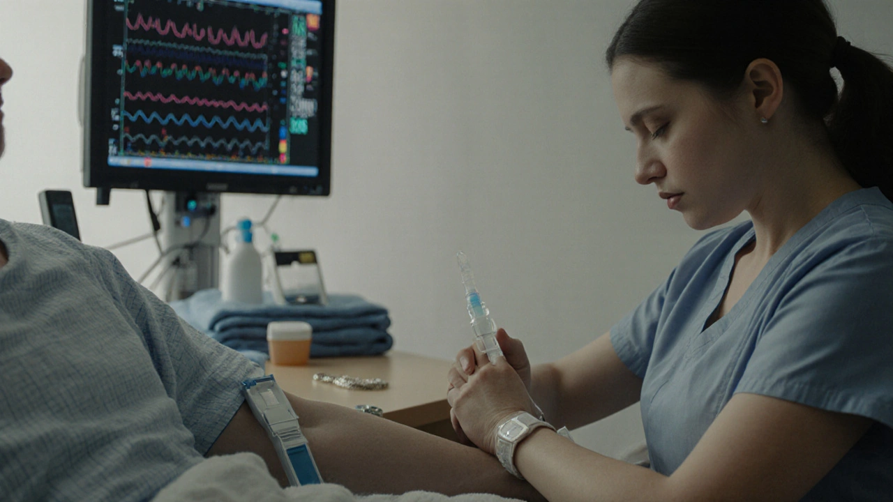 Sestra vkládá infuzi pacientce v přípravné místnosti nemocnice.