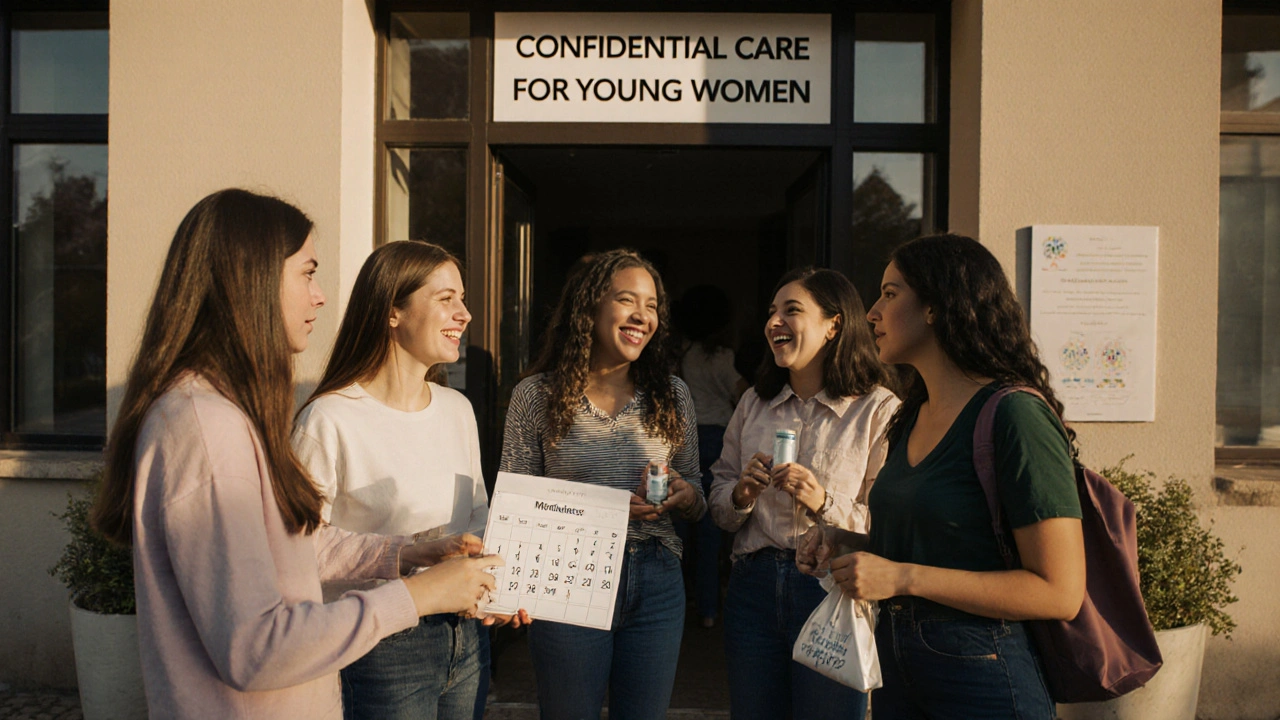 Skupina mladých žen se směje před klinikou v Brně, připravené na svou první návštěvu u gynekologa.