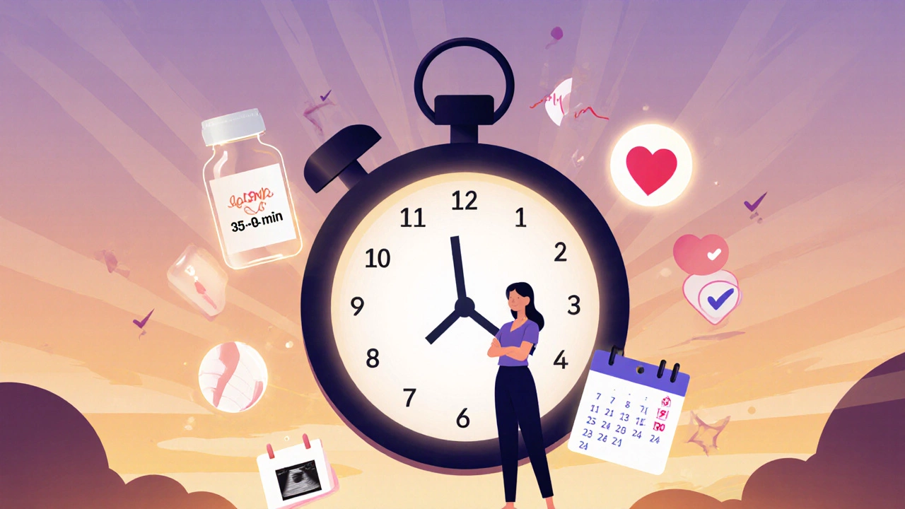 Symbolická představa gynekologické prohlídky trvající 15–30 minut s klíčovými prvky péče.