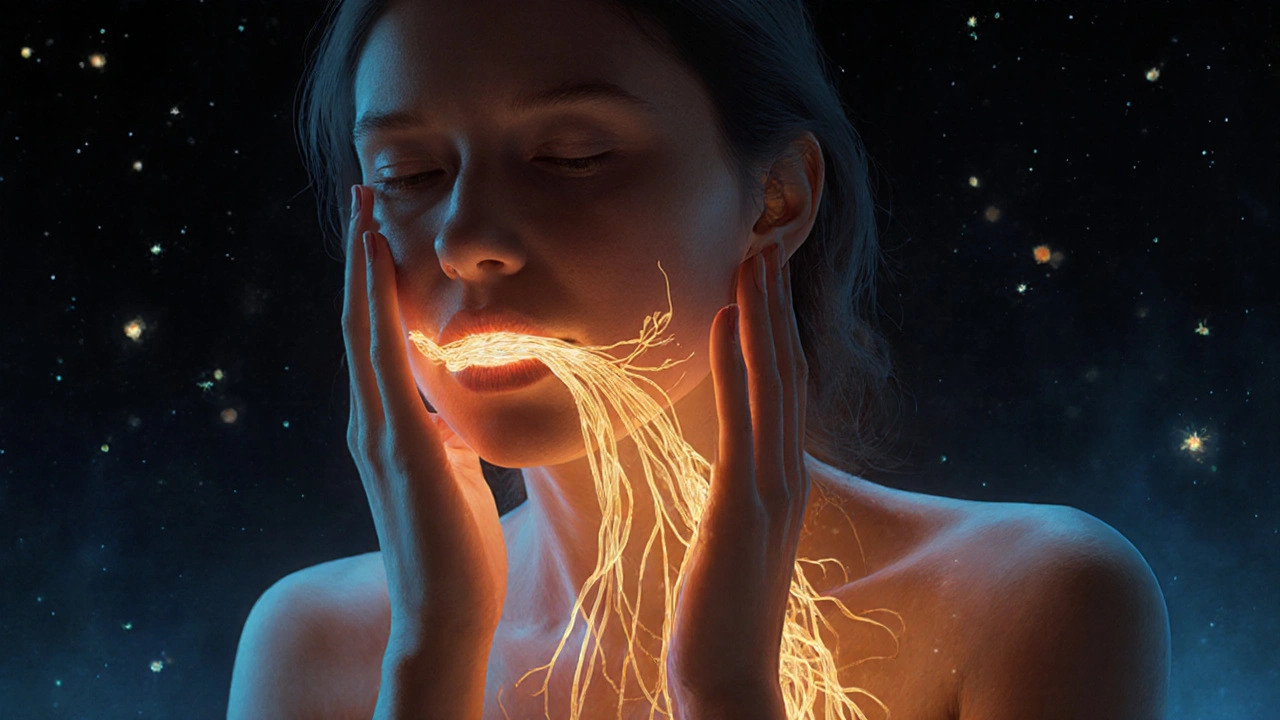 Symbolická scéna s houbou šířící se z úst do hltanu, znázorňující systémovou infekci.