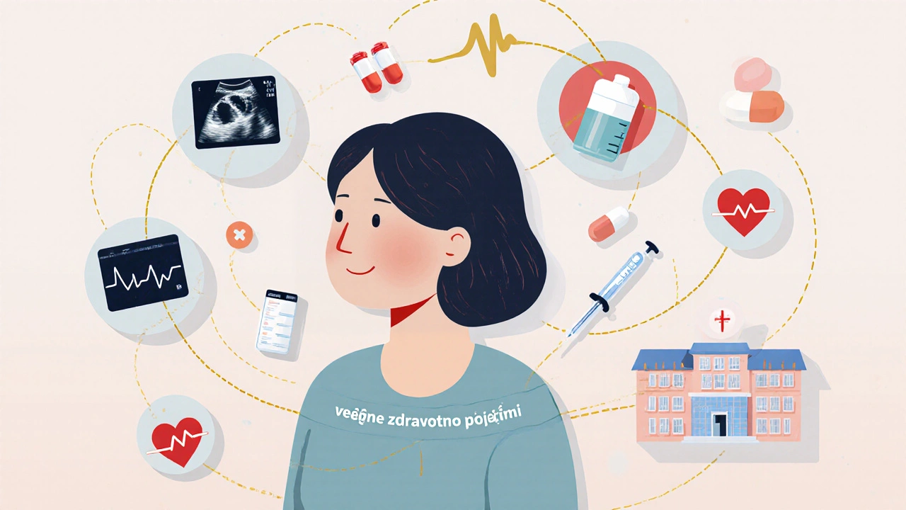 Symbolické znázornění zdravotního pojištění pokrývající léky, vyšetření a péči.