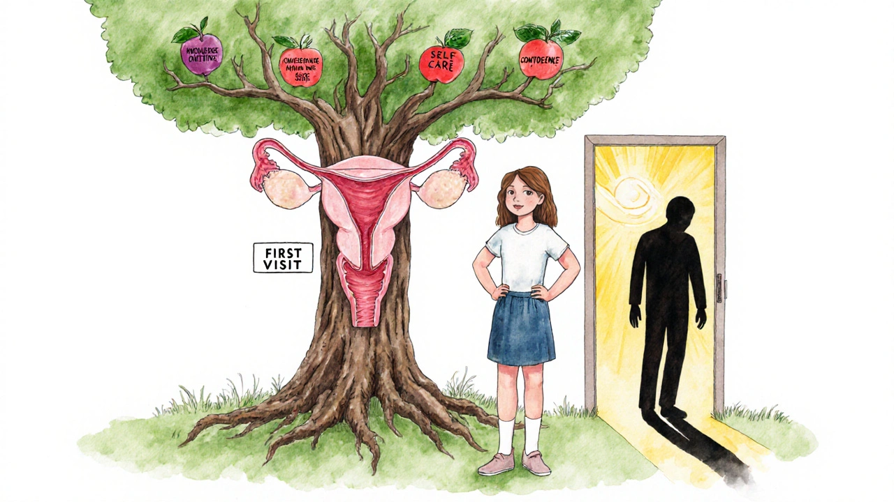 Teen girl standing confidently beside a tree symbolizing body knowledge and self-care.