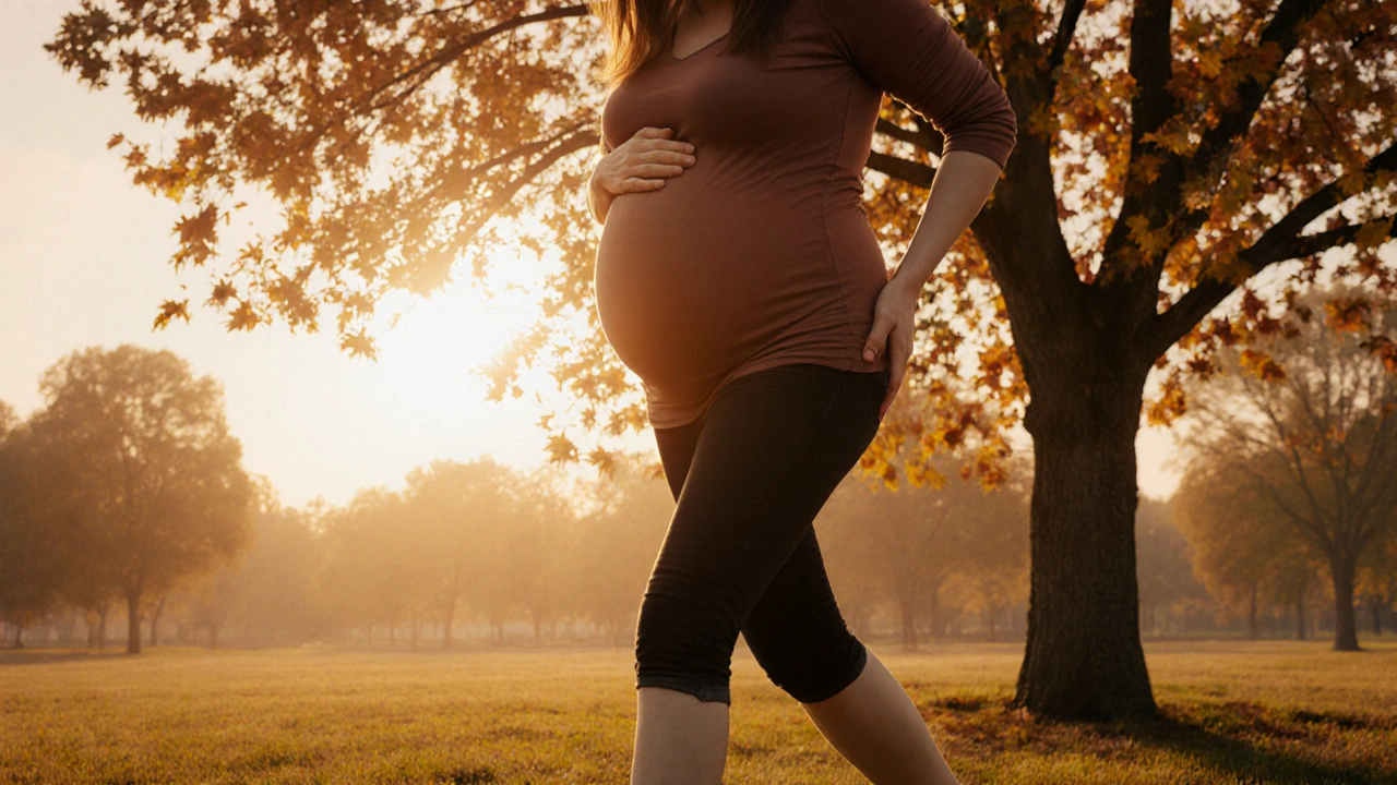 Těhotná žena prochází parkem večer, ruka na zádech, viditelné otoky nohou