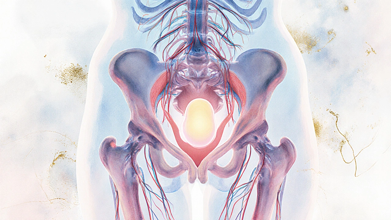 Translukentní ilustrace pánve s uvolněnými svaly a krevním oběhem, symbolizující těhotenství.
