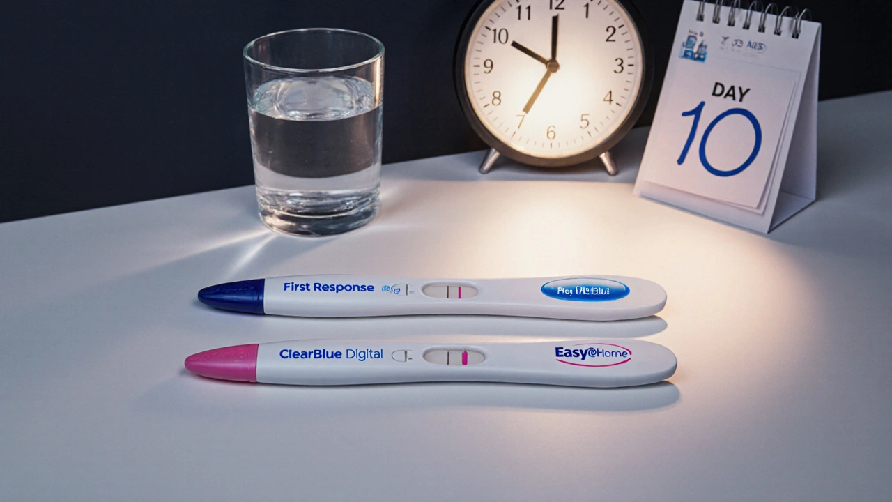 Tři těhotenské testy na stole s časem a kalendářem označujícím den 10 po oplodnění.