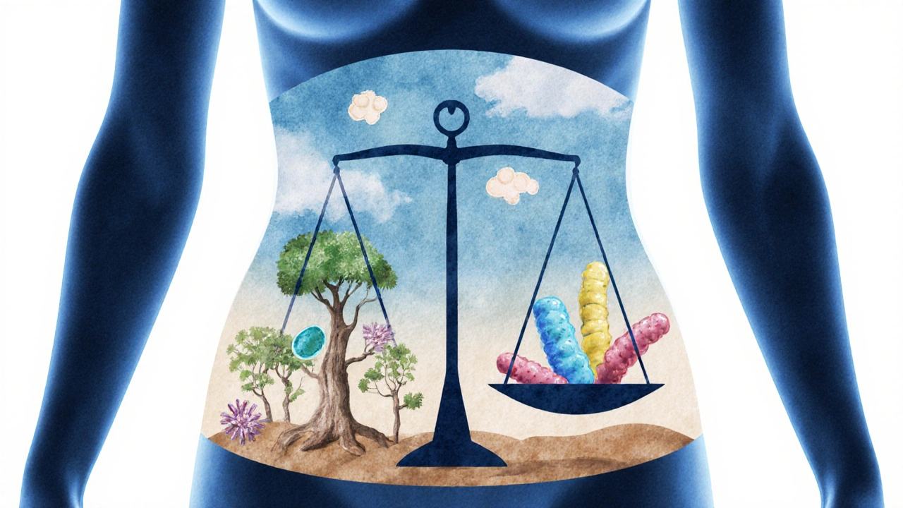 Umělecká ilustrace rovnováhy mezi prospěšnými bakteriemi a kandidou v pochvě.