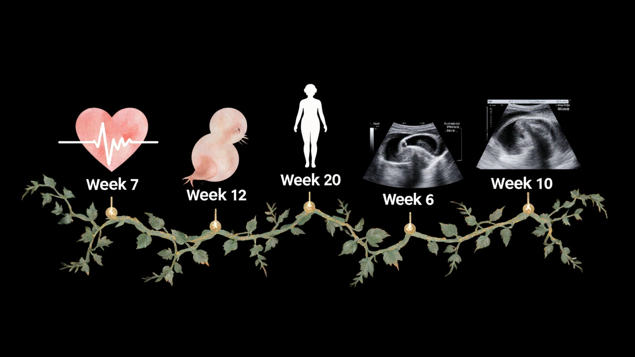 Umělecká ilustrace vývoje těhotenství od 6. do 20. týdne s klíčovými prohlídkami a symboly růstu.